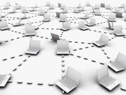 Camera on hero flies away to reveal birds-eye view of innumerous connected laptops Stock Footage