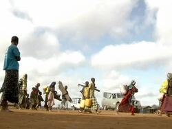 Refugees walking in line Stock Footage