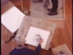 1972 CU ZO Norman Rockwell lighting pipe/ OH ZI Rockwell drawing at desk/ MS Rockwell drawing/ TU Child watching Rockwell and smiling/ ZI CU Rockwell opening box containing sterling silver bowl with his design on it/ Stockbridge, Massachusetts/ AUDIO  Stock Footage