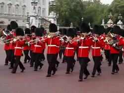 Grenadier Guards Band at the Changing of the Guard ceremony at Buckingham Place in London Stock Footage