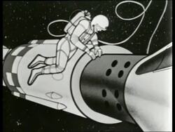 B/W 1965 animated cosmonaut 'walks' in space by capsule / SOUND Stock Footage