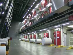 MS PAN Shot of web press at newspaper printing office / Russelheim, Hesse, Germany Stock Footage