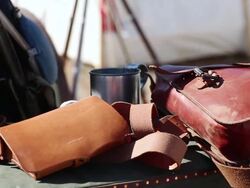 CU PAN Shot of few civil war reinactment props / Santa Fe, New Mexico, United States Stock Footage