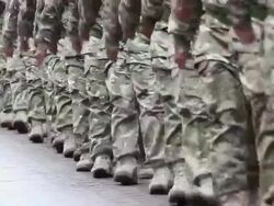 Army Soldiers in line marching at a Military homecoming parade Stock Footage