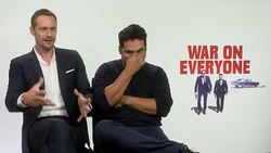 INTERVIEW - Alexander Skarsgard, Michael Pena on his famous youtube video of him singing at the football game, John Michael McDonagh seeing it on youtube at 'War on Everyone' - Interviews Stock Footage