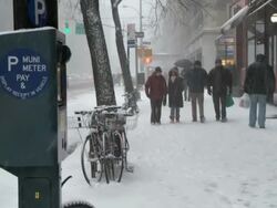 WS People walking on sidewalk during snow / New York City, New York, USA  Stock Footage