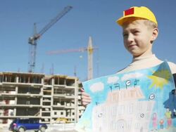 boy with children's drawings Stock Footage