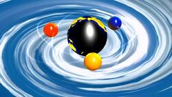 Small, colorful globes spin around a larger dark blue globe above a swirling blue background. Stock Footage