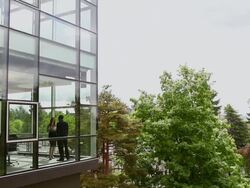 WS businessman and businesswoman in discussion in glass walled conference room view from outside/Seattle, Washington, USA Stock Footage