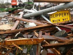 Tornado Damage Street sign Stock Footage