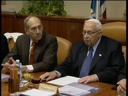 Israeli cabinet meets, Sharon, Bassi soundbites News Clip