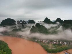 Guilin Hills in Mist at Sunrise,Xingping,Yangshuo,China Stock Footage