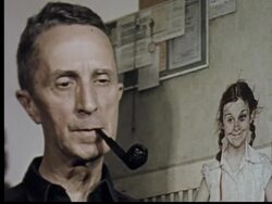 CU Artist Norman Rockwell smoking pipe, talking then turning toward painting of girl Stock Footage