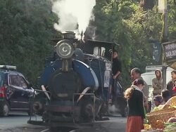 MS Steam engine coming to town / Darjeeling, West Bengal, India Stock Footage