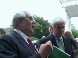 June 17, 2009 CU Representative Barney Frank with Senator Chris Dodd answers questions from reporters outside the White House following President Obama's address on the economy / Washington, DC / AUDIO Stock Footage