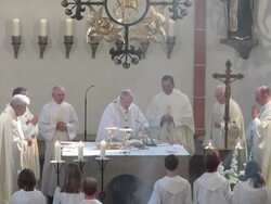 MS Shot of catholic mass at curch St. Marien Saarburg-Beurig, with cardinal Meisner, Cologne / Saarburg, Rhineland Palatinate, Germany Stock Footage