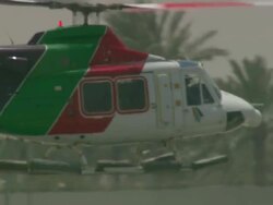 MS TS Shot of helicopter taking off from airport / Qatar Stock Footage