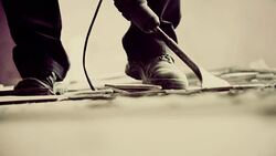 SLOW MOTION removing tiles with jackhammer Stock Footage