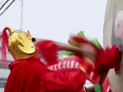 CU Villagers performing gong and drum in traditional festive folk celebration or carnival during chinese spring festival  AUDIO  / xi'an, shaanxi, china Stock Footage
