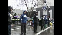 Demonstrators blocked streets around Oakland police headquarters and chained shut four of the building's doors Monday to protest recent grand jury decisions not to indict white officers who killed unarmed black men in Missouri, and New York. (Dec. 16) News Clip