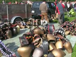 MS Shot of bells in Viehscheid at Schollang near Oberstdorf, ceremonial driving down of cattle from mountain pastures into valley in autumn at Allgau Alps / Oberstdorf, Bavaria, Germany Stock Footage