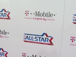ATMOSPHERE: Signage at the T-Mobile Magenta Carpet At The 2011 NBA All-Star Game at Los Angeles CA. (Footage by WireImage Video/GettyImages) Stock Footage