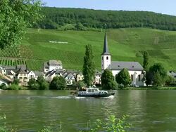 WS View of speed boat moving in Moselle Valley near Piesport / Piesport, Rhineland Palatinate, Germany Stock Footage