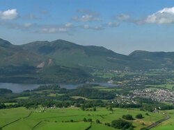 Aerial view of the town of Keswick bordering Derwent Water in the Lake District / Cumbria, England Stock Footage