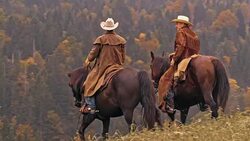 DS Two cowboys riding horses across mountain meadow Stock Footage
