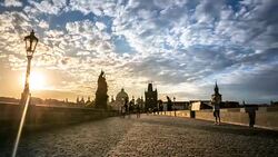 4K Time-lapse: Pedestrian Crowded Charles Bridge Karluv Most Czech sunrise Stock Footage