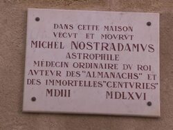 A plaque about Nostradamus hangs from a building. Stock Footage