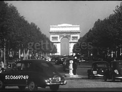 1953: PARIS, FRANCE: Map of France w/ Paris highlighted. WS Champs-Elysees avenue & traffic w/ Arc de Triomphe (Arch of Triumph) BG, HA WS Arc de Triomphe w/ traffic moving around, LA TU La Tour Eiffel (Eiffel Tower).  Iconic landmarks, historic. Instructional Video
