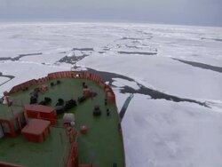 POV, Bow of Russian nuclear icebreaker traveling through broken pack ice, Russia Stock Footage