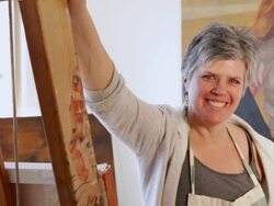 MS PAN Female painter artist in her studio / Lamy, New Mexico, United States Stock Footage