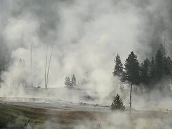 WS View of steam from hot springs rising at morning, UNESCO World Heritage Site, Firehole Lake Drive, Yellowstone National Park / Yellowstone, Wyoming, United States Stock Footage