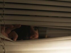 HD CRANE: A girl appears behind some blinds Stock Footage