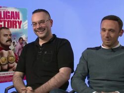 INTERVIEW - Nick Nevern, Jason Maza on working together, working on '  Top 5000 Mrs. Brown's Boys D'Movie', comparing it to 'The Inbetweeners' movie at 'Hooligan Factory' interview Stock Footage