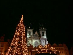 MS Low angle view of Christmas tree against Tyn church, Prague, Czech Republic Stock Footage