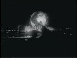 B/W 1964 REAR VIEW silhouetted couple viewing Unisphere in distance at night / NY World's Fair Stock Footage