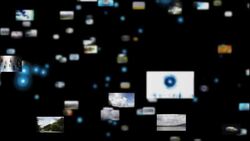 Photographs float against a black background and morph into the continents of planet Earth. Stock Footage