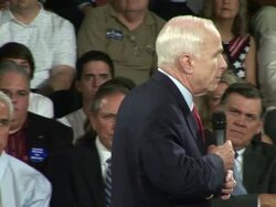 September 16, 2008 MS ZO Republican presidential candidate John McCain speaking at town hall campaign event as Florida senator Mel Martinez stands behind him/ Tampa, Florida/ AUDIO Stock Footage