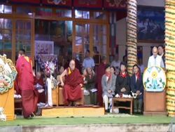 WS Dalai Lama honoring  on stage at his 70th birthday AUDIO / Dharmasala, Himachal Pradesh, India Stock Footage