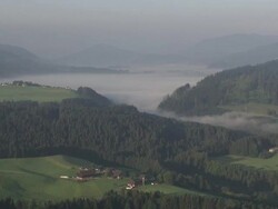 WS POV View of village and mountain with mist / Etzel, Schwyz, Switzerland Stock Footage