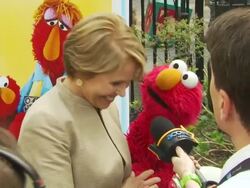 Katie Couric and Elmo at the Katie Couric and Sesame Street Muppets - When Families Grieve at New York NY. (Footage by WireImage Video/GettyImages) Stock Footage