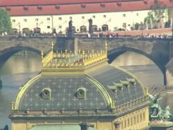CU AERIAL Shot of top of national theatre / Prague, Czech Republic Stock Footage