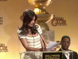 SPEECH: Katie Holmes announces the 68th Annual Golden Globe Awards nominees at the 68th Annual Golden Globe Awards Nominations at Beverly Hills CA. (Footage by WireImage Video/GettyImages) Stock Footage