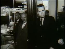 B/W 1958 Richard Nixon walking with Nikita Khrushchev Stock Footage