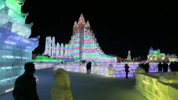 Spectacular illuminated ice sculptures at the Harbin Ice and Snow Festival in Heilongjiang Province, Harbin,  China Stock Footage