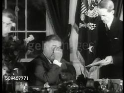 1933: U.S. WHITE HOUSE: FDR & ASSISTANTS: INT MS Secretary 'Missy' LeHand, President Franklin Roosevelt & secretariat Marvin McIntyre at desk. Washington D.C., New Deal, Great Depression Instructional Video