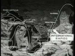 1936: MAP: Map of Great Lakes, surrounding major cities, arrow pointing to 'International Rapids.' Instructional Video